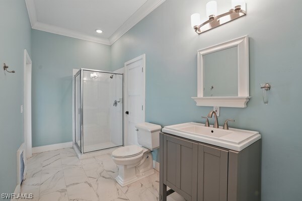4740 5th Ave SW, Naples, FL 34119 - bathroom featuring ornamental molding, a shower stall, marble finish flooring, vanity, and recessed lighting