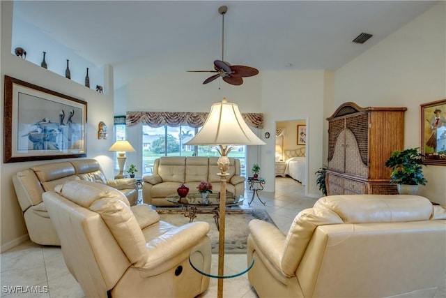 17791 Pineapple Palm Ct, North Fort Myers, FL 33917 - living room with high vaulted ceiling, ceiling fan, and light tile patterned flooring