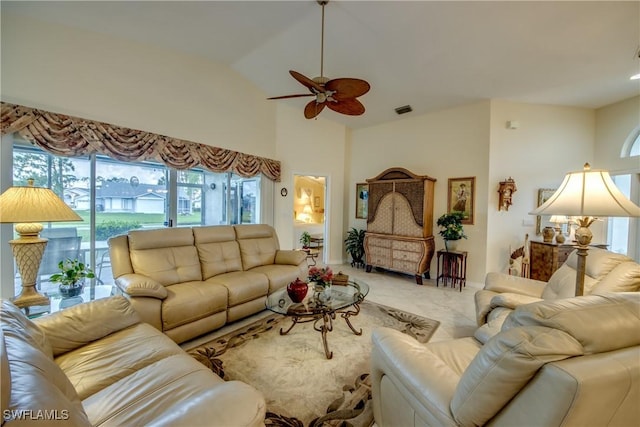17791 Pineapple Palm Ct, North Fort Myers, FL 33917 - living room with ceiling fan and high vaulted ceiling