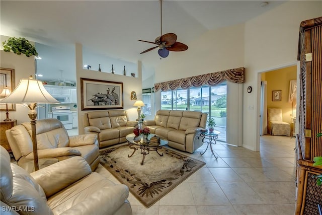 17791 Pineapple Palm Ct, North Fort Myers, FL 33917 - living area with a ceiling fan, high vaulted ceiling, and light tile patterned floors