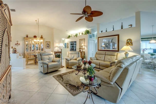 17791 Pineapple Palm Ct, North Fort Myers, FL 33917 - living room featuring lofted ceiling, a ceiling fan, and light tile patterned flooring