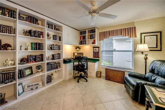 17791 Pineapple Palm Ct, North Fort Myers, FL 33917 - office space featuring light tile patterned flooring, a ceiling fan, and built in study area