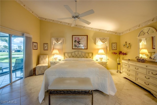 17791 Pineapple Palm Ct, North Fort Myers, FL 33917 - bedroom featuring access to outside, vaulted ceiling, ceiling fan, and light tile patterned floors
