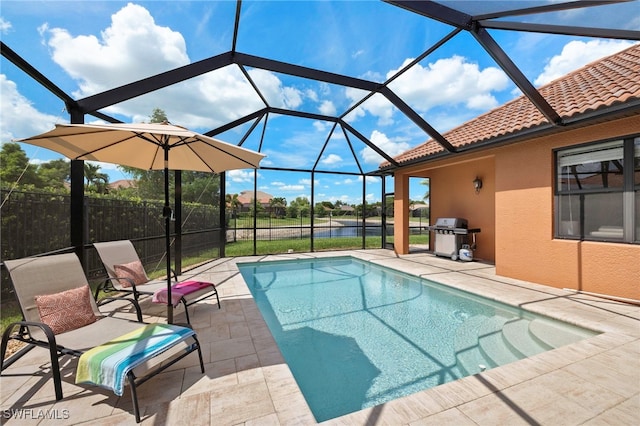 12905 Pastures Way, Fort Myers, FL 33913 - outdoor pool featuring area for grilling, a patio, a lanai, and a water view