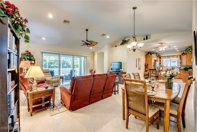 2102 SW 47th St, Cape Coral, FL 33914 - dining space featuring a ceiling fan, vaulted ceiling, arched walkways, and recessed lighting