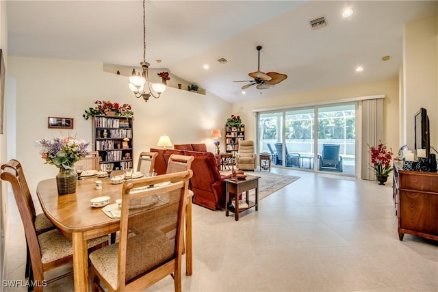 2102 SW 47th St, Cape Coral, FL 33914 - dining room with ceiling fan, vaulted ceiling, a chandelier, and recessed lighting