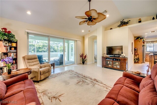 2102 SW 47th St, Cape Coral, FL 33914 - living room with ceiling fan, arched walkways, vaulted ceiling, and recessed lighting