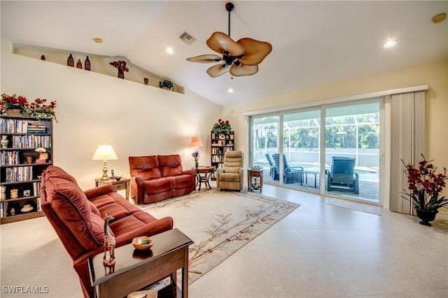 2102 SW 47th St, Cape Coral, FL 33914 - living room featuring a ceiling fan, lofted ceiling, and recessed lighting