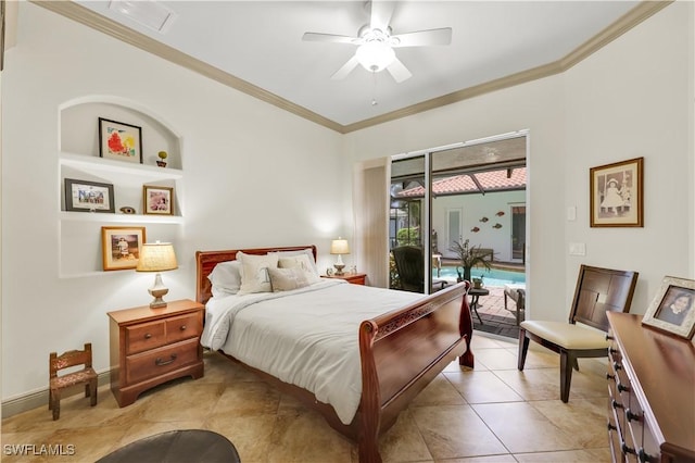 4000 Stonesthrow Ct, Naples, FL 34109 - bedroom with access to outside, ornamental molding, ceiling fan, and light tile patterned flooring