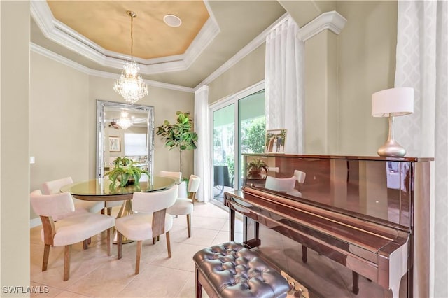 4000 Stonesthrow Ct, Naples, FL 34109 - dining area featuring a chandelier, light tile patterned floors, ornamental molding, and a raised ceiling