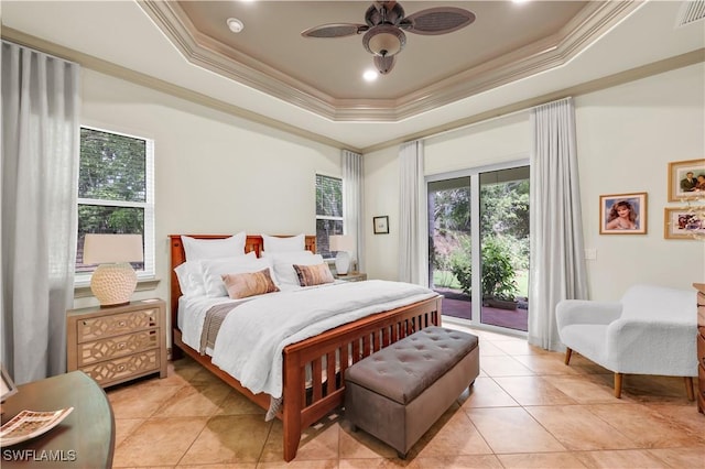 4000 Stonesthrow Ct, Naples, FL 34109 - bedroom featuring a tray ceiling, crown molding, access to exterior, light tile patterned flooring, and multiple windows