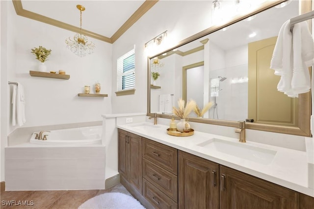 4000 Stonesthrow Ct, Naples, FL 34109 - full bathroom with ornamental molding, double vanity, a garden tub, tile patterned flooring, and a chandelier