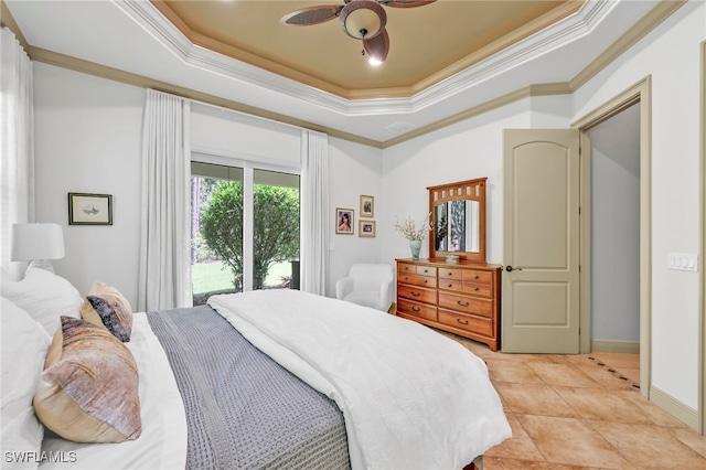 4000 Stonesthrow Ct, Naples, FL 34109 - bedroom with crown molding, access to exterior, a raised ceiling, light tile patterned floors, and ceiling fan