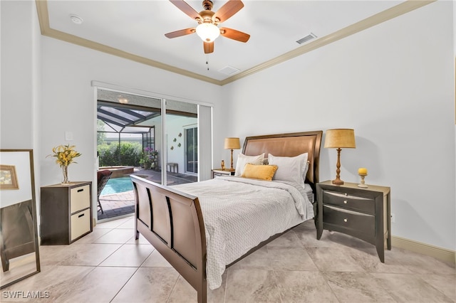 4000 Stonesthrow Ct, Naples, FL 34109 - bedroom with access to exterior, crown molding, ceiling fan, a sunroom, and light tile patterned floors