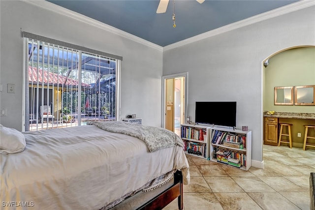 4000 Stonesthrow Ct, Naples, FL 34109 - tiled bedroom with crown molding, access to exterior, connected bathroom, and ceiling fan