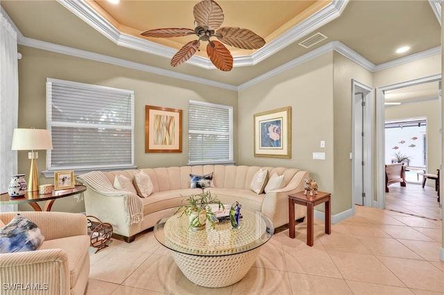 4000 Stonesthrow Ct, Naples, FL 34109 - living area with light tile patterned floors, a ceiling fan, crown molding, a raised ceiling, and recessed lighting