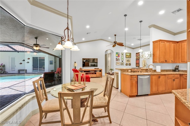4000 Stonesthrow Ct, Naples, FL 34109 - kitchen featuring dishwasher, open floor plan, ceiling fan, ornamental molding, and light stone countertops