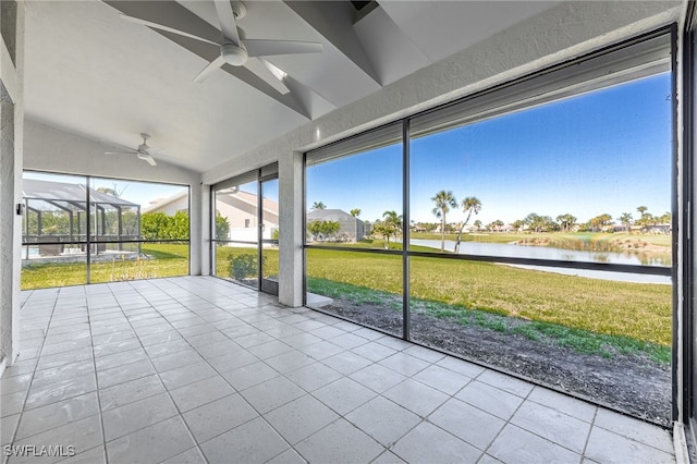 12730 Kelly Palm Dr, Fort Myers, FL 33908 - unfurnished sunroom with ceiling fan, a water view, and vaulted ceiling