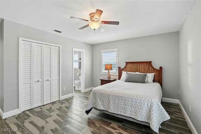 5557 Estero Blvd, Fort Myers Beach, FL 33931 - bedroom with a closet, ceiling fan, wood finished floors, and ensuite bath