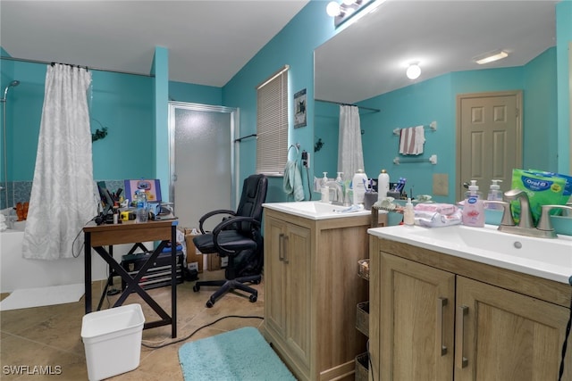 3211 NE 14th Pl, Cape Coral, FL 33909 - full bathroom featuring a shower with shower curtain, two vanities, and tile patterned flooring