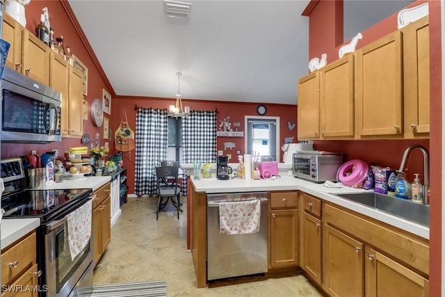 3211 NE 14th Pl, Cape Coral, FL 33909 - kitchen featuring stainless steel appliances, crown molding, a peninsula, a chandelier, and light countertops
