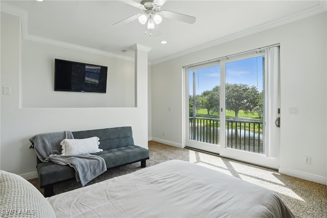 12006 Cypress Links Dr, Fort Myers, FL 33913 - bedroom with crown molding, access to exterior, carpet flooring, recessed lighting, and ceiling fan
