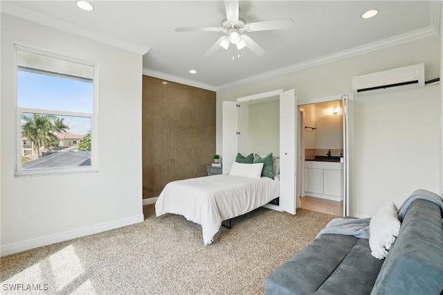12006 Cypress Links Dr, Fort Myers, FL 33913 - bedroom with a wall mounted air conditioner, carpet flooring, recessed lighting, crown molding, and a ceiling fan