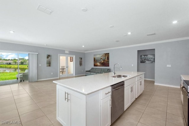 8959 Cascade Price Cir, North Fort Myers, FL 33917 - kitchen featuring dishwasher, open floor plan, light tile patterned floors, a center island with sink, and light countertops