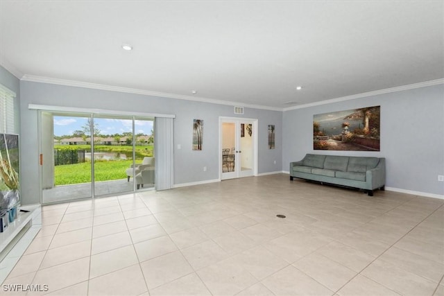 8959 Cascade Price Cir, North Fort Myers, FL 33917 - unfurnished living room featuring ornamental molding, a water view, light tile patterned floors, and recessed lighting