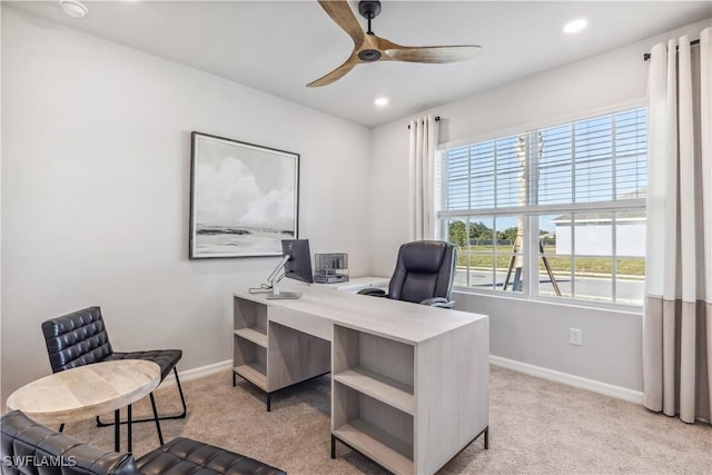 2982 Ernest Way, Fort Myers, FL 33905 - home office with a ceiling fan, light carpet, and recessed lighting