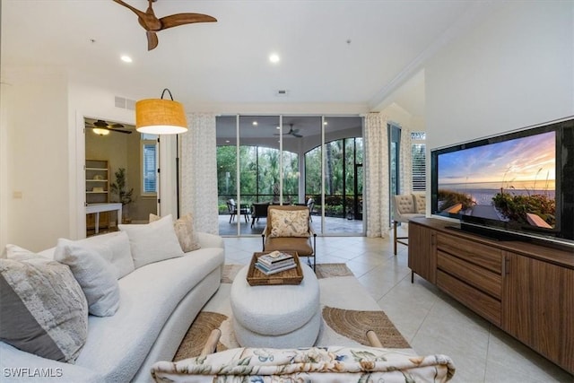 29120 Brendisi Way Unit 102, Naples, FL 34110 - living room with a ceiling fan, light tile patterned floors, crown molding, and recessed lighting