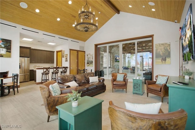 15898 Sugar Hill Dr, Punta Gorda, FL 33982 - living area with high vaulted ceiling, recessed lighting, a wooden ceiling with exposed beams, and a chandelier