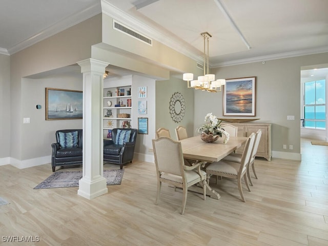 960 Cape Marco Dr Unit 1901, Marco Island, FL 34145 - dining space with decorative columns, a chandelier, light wood-style flooring, and ornamental molding