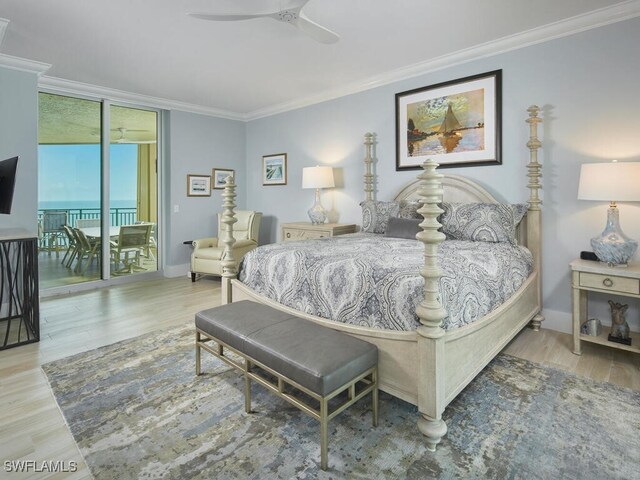 960 Cape Marco Dr Unit 1901, Marco Island, FL 34145 - bedroom with access to outside, ornamental molding, wood finished floors, and a ceiling fan