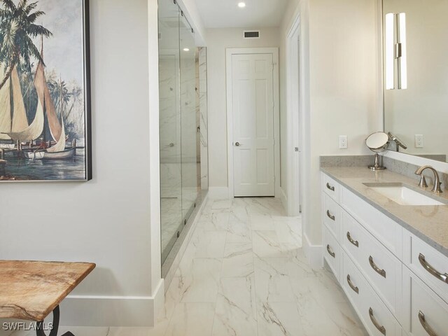 960 Cape Marco Dr Unit 1901, Marco Island, FL 34145 - bathroom with marble finish floors, a marble finish shower, vanity, and recessed lighting