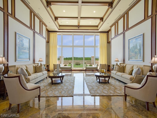 4875 Pelican Colony Blvd Unit 1801, Bonita Springs, FL 34134 - living room featuring a towering ceiling, marble tiled floors, coffered ceiling, beam ceiling, and ornamental molding