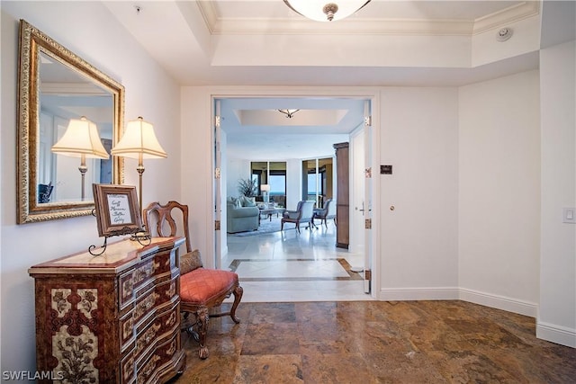 4875 Pelican Colony Blvd Unit 1801, Bonita Springs, FL 34134 - corridor with a raised ceiling and crown molding