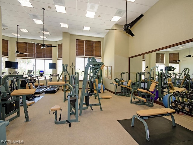 4875 Pelican Colony Blvd Unit 1801, Bonita Springs, FL 34134 - exercise room featuring a high ceiling, a drop ceiling, a ceiling fan, and light carpet