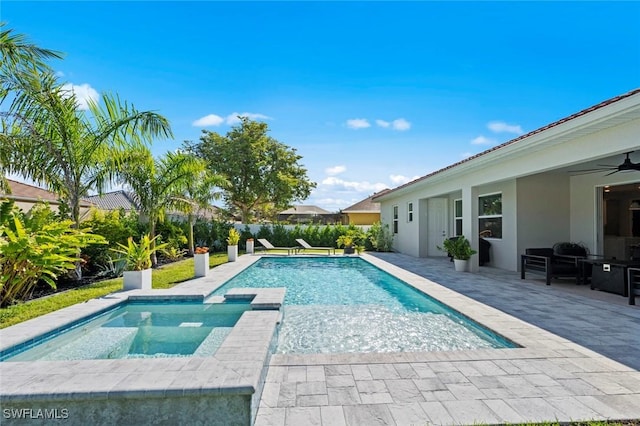 10581 Woodchuck Ln, Bonita Springs, FL 34135 - view of pool featuring a patio area, ceiling fan, and a pool with connected hot tub