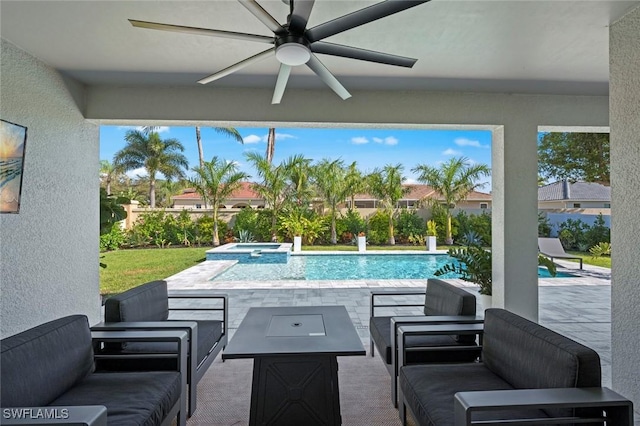 10581 Woodchuck Ln, Bonita Springs, FL 34135 - view of pool featuring an outdoor living space with a fire pit, a patio area, and ceiling fan
