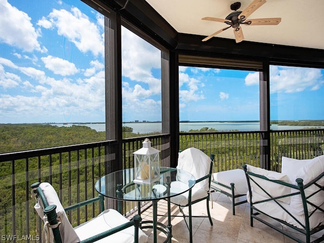 5051 Pelican Colony Blvd Unit 401, Bonita Springs, FL 34134 - sunroom / solarium with ceiling fan, a water view, and healthy amount of natural light