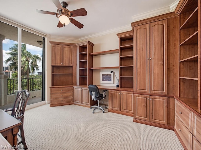 5051 Pelican Colony Blvd Unit 401, Bonita Springs, FL 34134 - unfurnished office featuring built in desk, light colored carpet, a ceiling fan, and ornamental molding