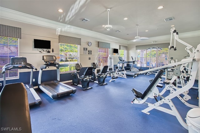 10058 Pacific Pines Ave, Fort Myers, FL 33966 - exercise room featuring ornamental molding, plenty of natural light, and recessed lighting
