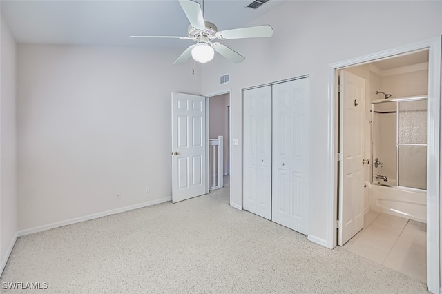 10058 Pacific Pines Ave, Fort Myers, FL 33966 - unfurnished bedroom with a closet, a towering ceiling, connected bathroom, and ceiling fan