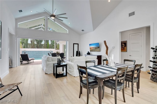 2120 Curtis St, Naples, FL 34112 - dining space featuring high vaulted ceiling, ceiling fan, and light wood finished floors