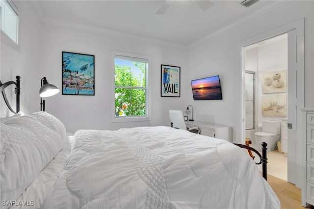 2120 Curtis St, Naples, FL 34112 - bedroom featuring ornamental molding, light wood-style flooring, connected bathroom, and ceiling fan