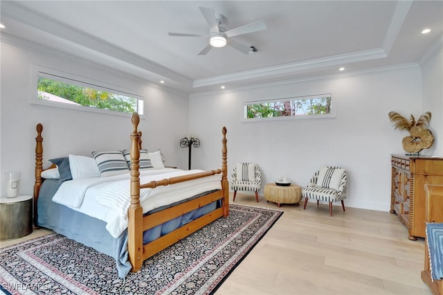 2120 Curtis St, Naples, FL 34112 - bedroom featuring a raised ceiling, light wood-style flooring, recessed lighting, ornamental molding, and a ceiling fan
