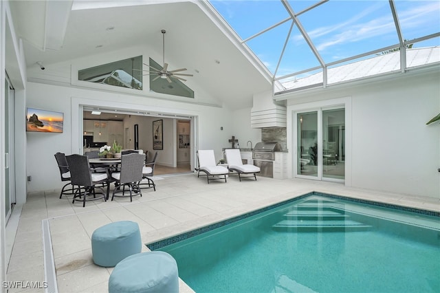 2120 Curtis St, Naples, FL 34112 - rear view of property with exterior kitchen, a ceiling fan, a patio area, and stucco siding