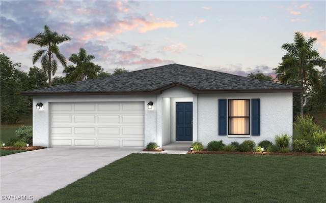 2816 27th St SW, Lehigh Acres, FL 33976 - ranch-style house featuring concrete driveway, a yard, an attached garage, stucco siding, and a shingled roof
