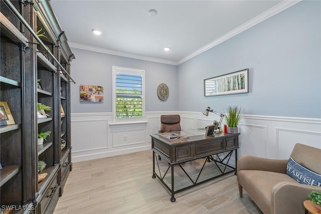 2703 Aviamar Cir, Naples, FL 34114 - home office with crown molding, light wood-style flooring, a wainscoted wall, recessed lighting, and a decorative wall
